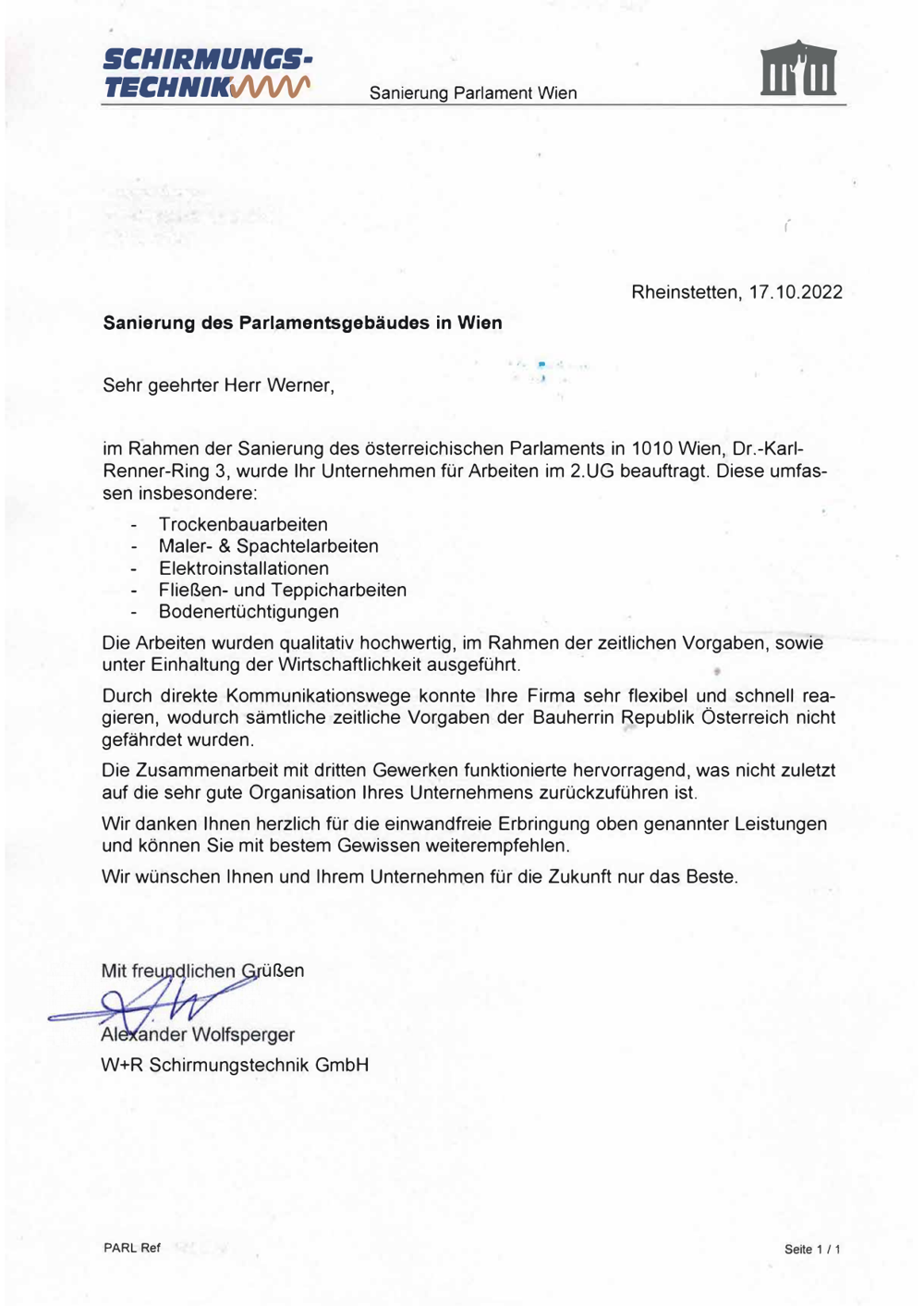 Referenzschreiben der W+R Schirmungstechnik GmbH vom 17.10.2022 über die Sanierung des Parlamentsgebäudes Wien, 2. Untergeschoss, ausgeführt von Skyline Bau